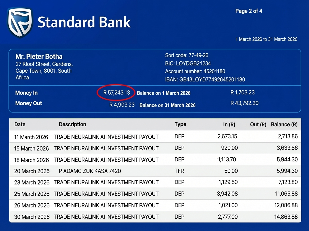 Standard Bank statement showing Quantum AI investment payouts - March 2026