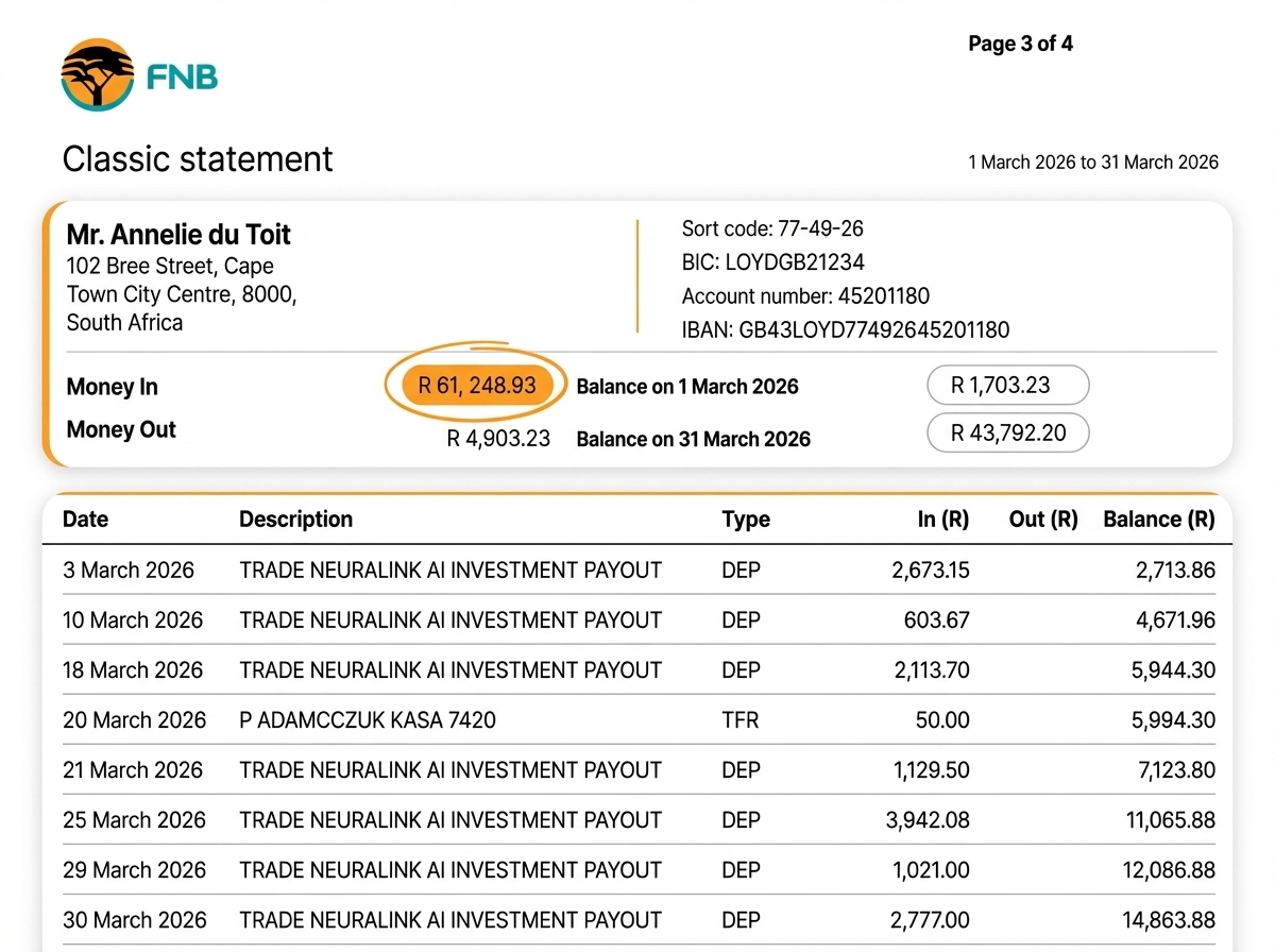 Bank statement showing regular AI trading payouts